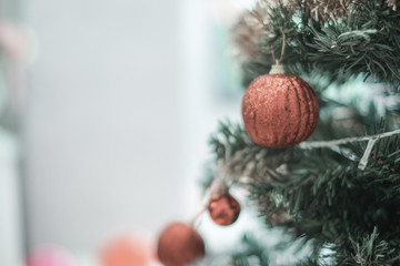 Beautifully decorated christmas tree with balls and ornaments for happy holidays in home, christmas Background