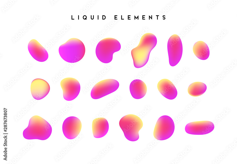 Poster gradient iridescent shapes. set isolated liquid elements of holographic chameleon design palette of 