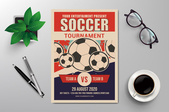 soccer tournament  flyer template, simple retro design vector