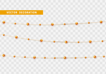 Christmas decorations isolated on transparent background. Golden string garlands with beads realistic set. Gold Xmas decor. Festive design element