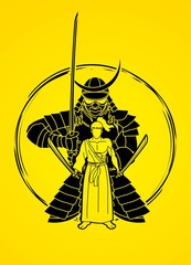 Samurai composition with swords cartoon graphic vector