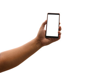 Asia man hand left holding the black smartphone with blank screen on white background with clipping path..
