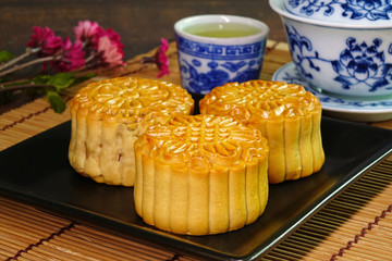Moon cake for Mid autumn festival (Zhongqiujie or Zhongqiu festival) , Retro vintage style of Chinese traditional food and dessert. (Moon cake is call 