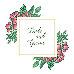 Design style green leafy flower frame, for greeting card bride and groom. Vector