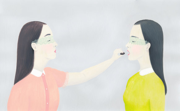 Illustration of girl feeding chocolate to her friend