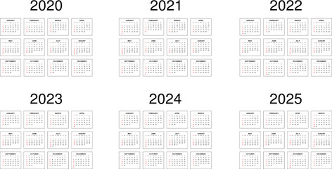 Six years calendar - 2020, 2021, 2022, 2023, 2024 and 2025.	