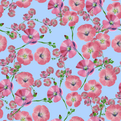 Flax. Seamless pattern texture of flowers. Floral background, photo collage