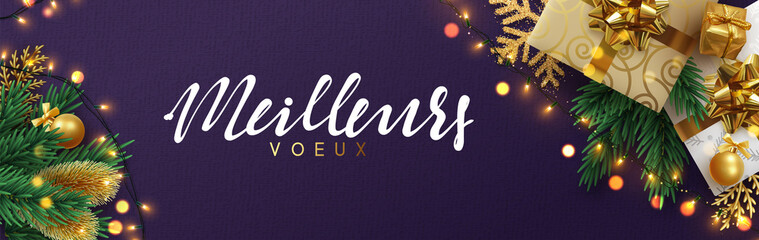 French text meilleurs voeux (Translation best wishes) Christmas banner, Xmas sparkling lights garland with gifts box and golden tinsel. Horizontal christmas posters, greeting cards, headers, website.