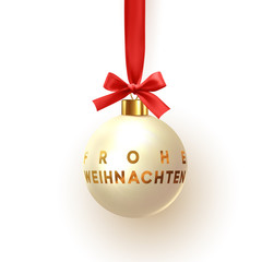 German text Frohe Weihnachten. Christmas ball hanging on ribbon with red bow. Decor Xmas bauble isolated on white background