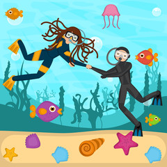 Scuba divers in the bottom of the sea - Vector
