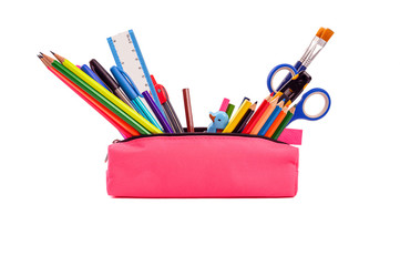 Back to school in pink case on isolated on white background.
