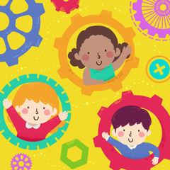 Fototapeta na wymiar Kids Peek Gears Illustration
