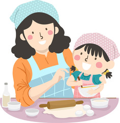 Kid Girl Mom Teach How To Bake Illustration