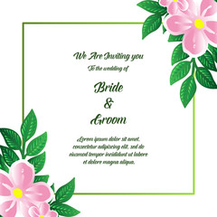Greeting card design bride and groom, with drawing of pink flower frame. Vector