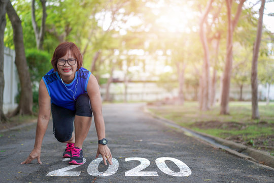 Start To New Year 2020 Plans Goals Healthy Way Of Life Senior Asian Woman Happy Jogging Running In The Park, Exercise Sport Activity Concept