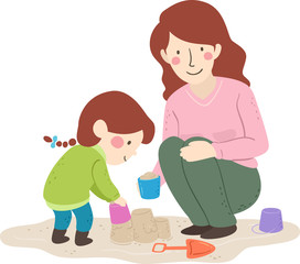 Kid Girl Mom Build Sand Castle Illustration