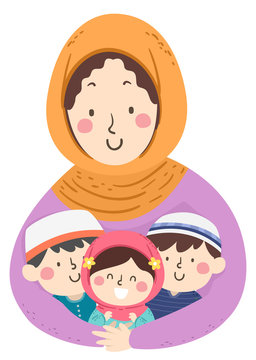 Kids Mom Muslim Hug Kids Illustration