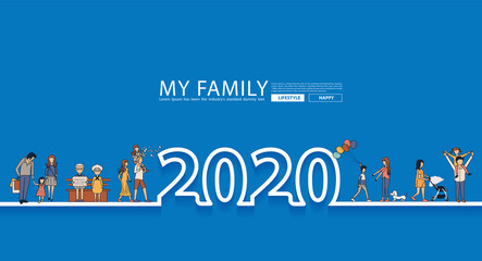 Happy family fun 2020 new year life style idea concept in line text design, Vector illustration modern cover page layout template