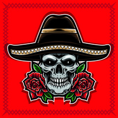 skull with rose and sombrero hat vector