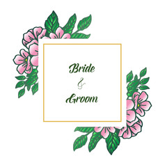 Wedding invitation template bride and groom, with decoration of pink flower frame in retro style. Vector