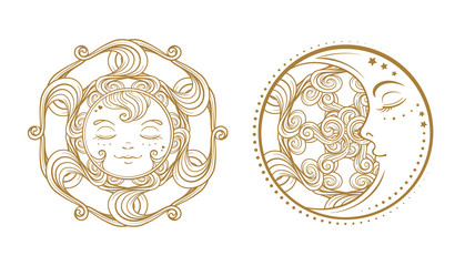 Ethnic sun and moon symbols. Temporary tattoo set.