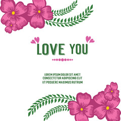 Template of greeting card love you, with cute elegant pink wreath frame. Vector