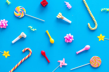 Decoration for party layout on blue background top view