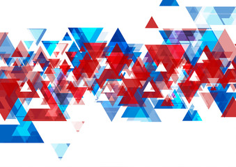 Abstract bright tech geometric graphic design with blue and red triangles. Futuristic polygonal background. Vector illustration