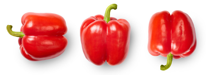Red peppers isolated on white background. Top view.