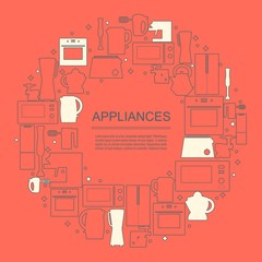 Circle frame with thin line appliances icons. Vector set of domestic electric machines