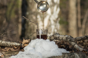 Pouring syrup from birch sap into a glass.