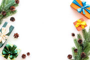 Boxes with presents and fir tree frame for christmas on white background top veiw mock-up