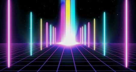 Retro Sci-Fi Background Futuristic Grid landscape of the 80`s. Digital Cyber Surface. Suitable for design in the style of the 1980`s. 3D illustration