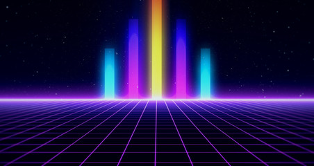 Fototapeta na wymiar Retro Sci-Fi Background Futuristic Grid landscape of the 80`s. Digital Cyber Surface. Suitable for design in the style of the 1980`s. 3D illustration