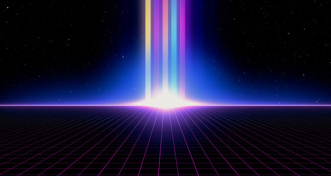 Retro Sci-Fi Background Futuristic Grid landscape of the 80`s. Digital Cyber Surface. Suitable for design in the style of the 1980`s. 3D illustration