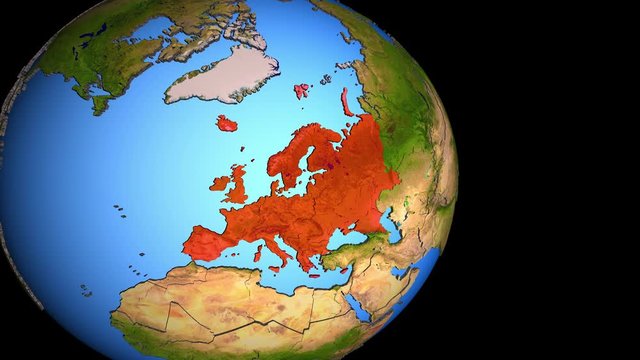 Closing in on Europe on political 3D globe with topography. 3D illustration.