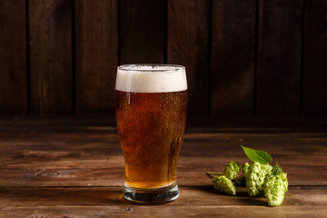 Glass beer on wood background with copy space. Full glass with lager beer, close up. Glass of alcohol