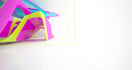 Abstract dynamic interior with colored gradient smooth objects. 3D illustration and rendering