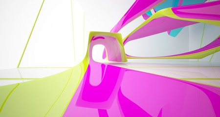 Abstract dynamic interior with colored gradient smooth objects. 3D illustration and rendering