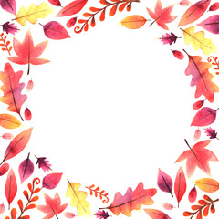Sweet color autumn leaves freme watercolor hand painting for decoration on autumn festival.