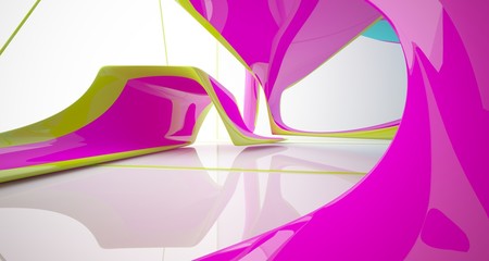 Abstract dynamic interior with colored gradient smooth objects. 3D illustration and rendering