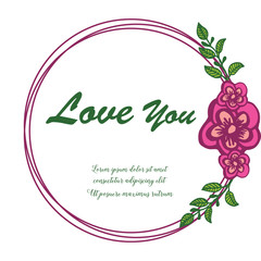 Retro card love you with elegant green leafy flower frame. Vector