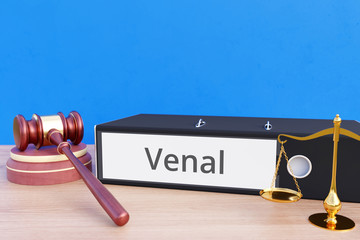 Venal – Folder with labeling, gavel and libra – law, judgement, lawyer