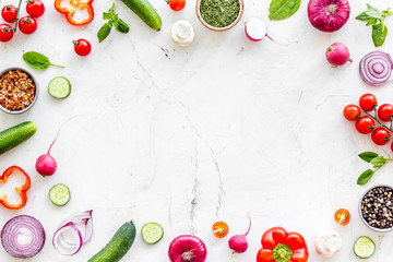 colorful vegetables frame for cooking design on marble background top view mockup