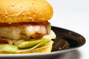 burger on a mirror plate with sauce and a potatoes