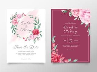 Elegant flowers wedding invitation cards template set. Editable vector multi-purpose card template like greeting, bridal, save the date.