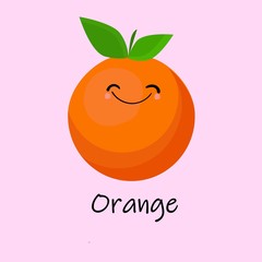 Orange Cute fruit cartoon character isolated on pink vector background. Funny positive and friendly orange face emoticon icon. Happy smile cartoon face food, funny fruit mascot.