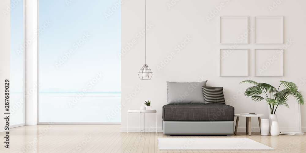 Poster View of living room in minimal style with sofa and small side table on wood laminate floor. Perspective of interior design on sea view background.   3D rendering.