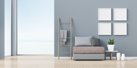 View of living room in minimal style with sofa and small side table on wood laminate floor. Perspective of interior design on sea view background.   3D rendering.