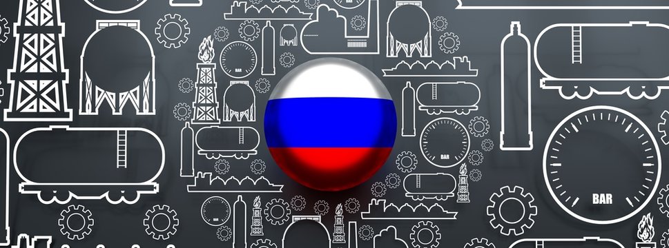 Energy and Power icons set. Design concept of natural gas industry. Circle with industrial line icons. Flag of the Russia. 3D rendering